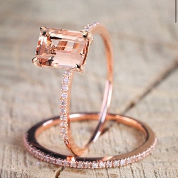 New 18k Rose Gold Diamond Morganite 2pc Ring Set - Picture 1 of 4